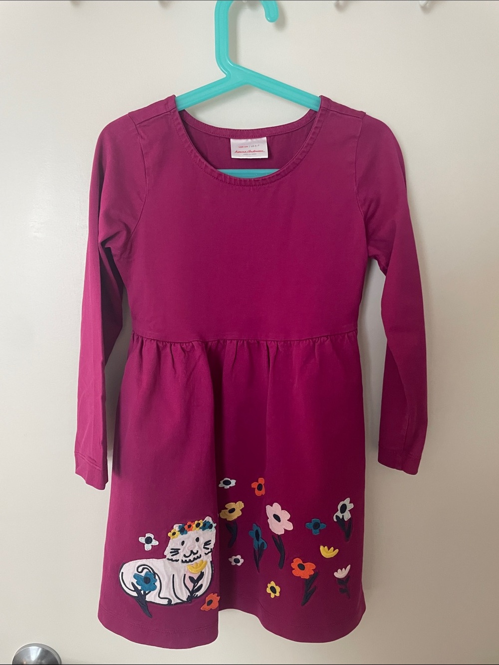 Hanna Andersson Magenta Long-Sleeve Dress with Floral & Cat Motif sz 6